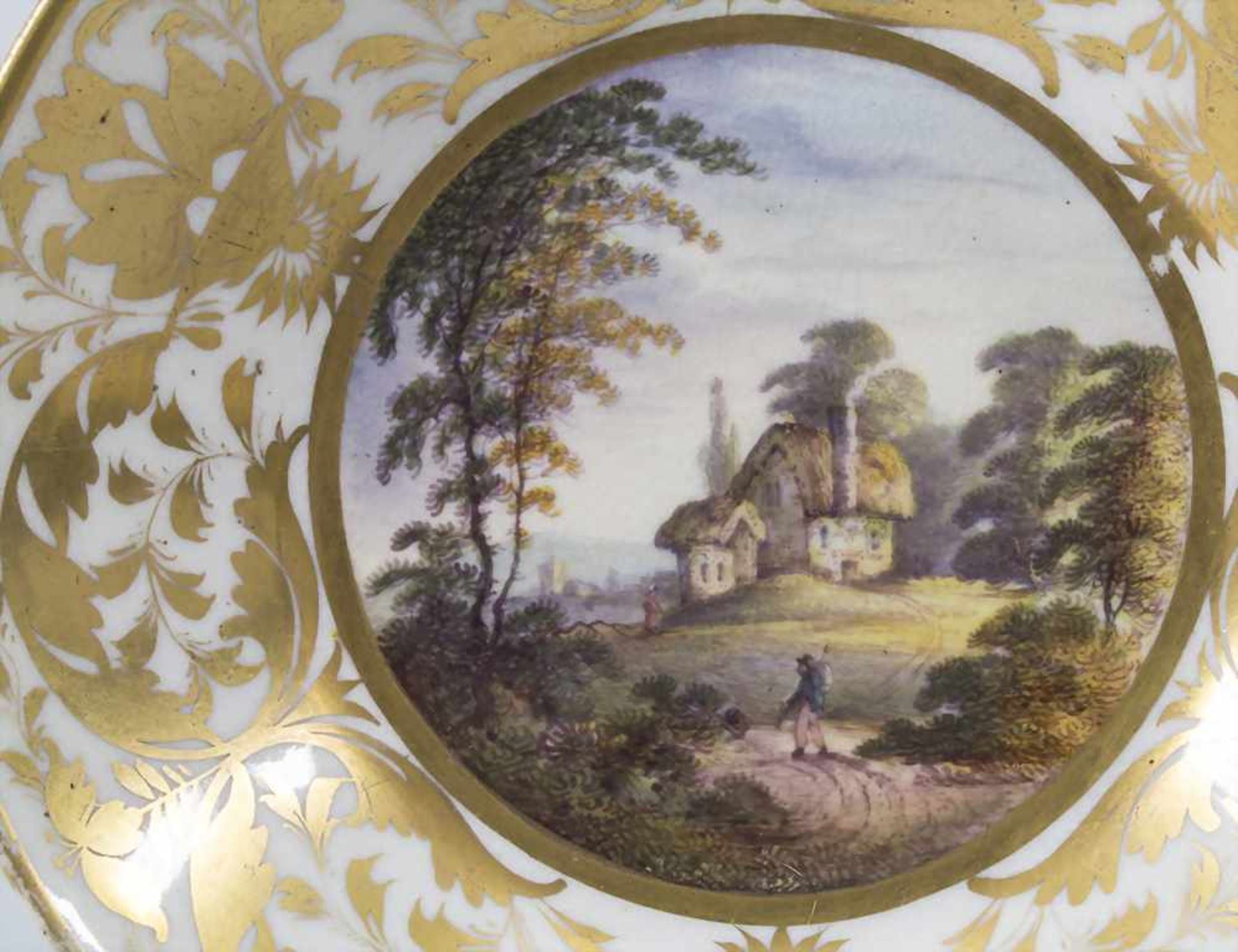 Tasse und Untertasse mit Landschaftsmalerei / A cup and saucer with landscapes, creamware, wohl - Bild 5 aus 12