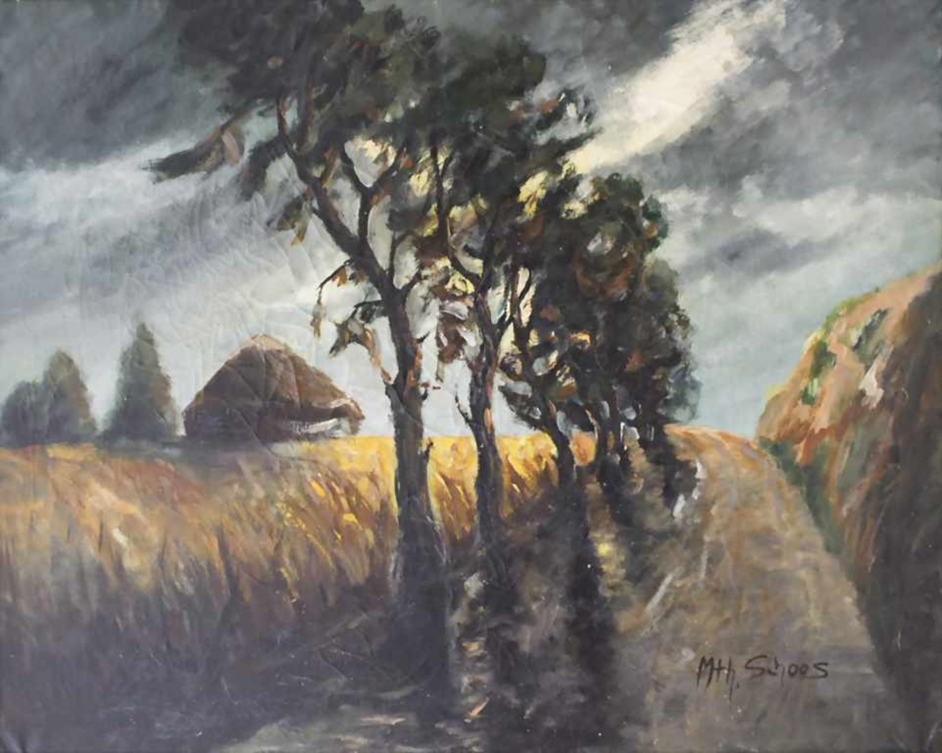 Mth. Schoos (20. Jh.), 'Kornfeld mit aufkommendem Gewitter' / 'A cornfield with upcoming storm'