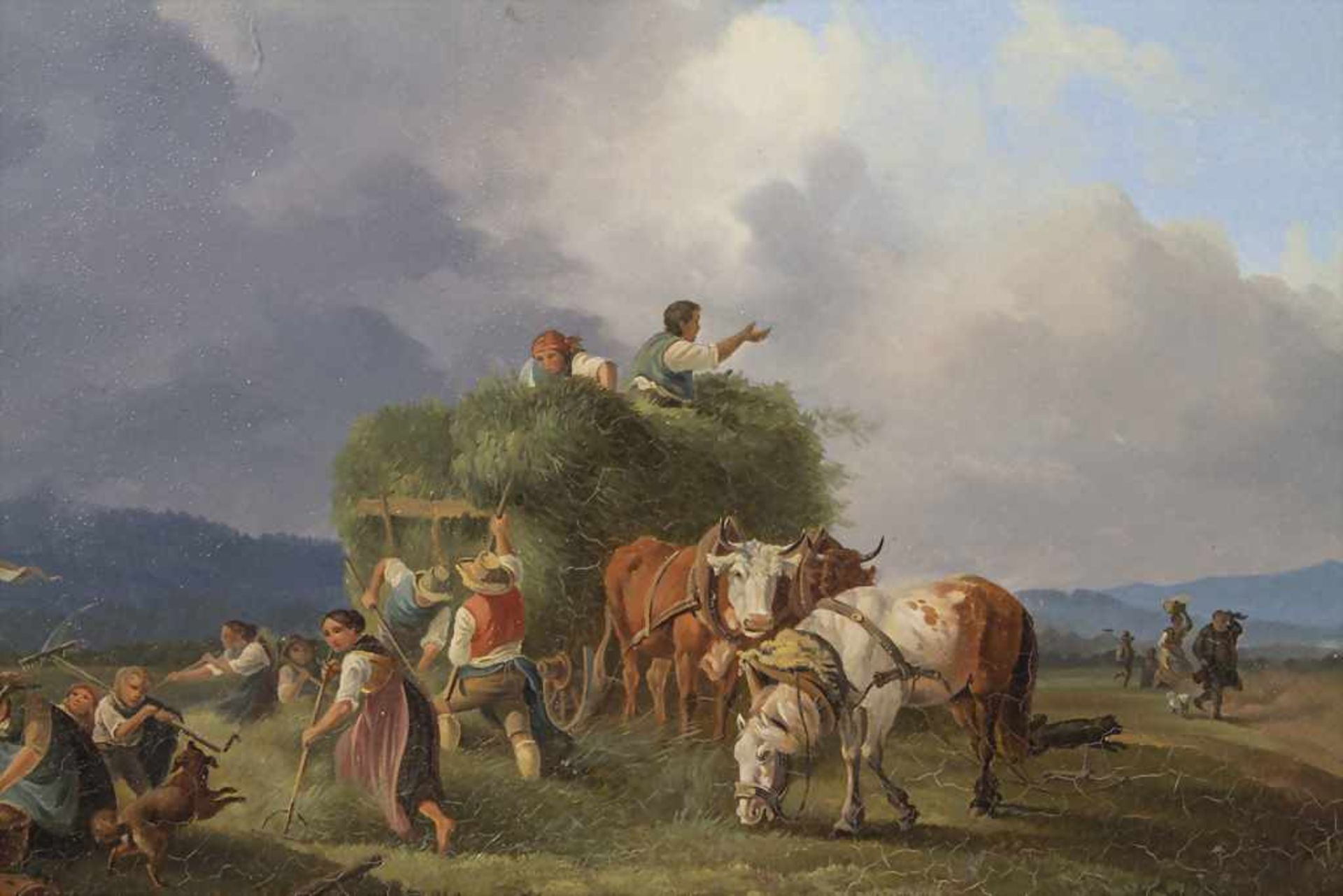 Landschaftsmaler des 19. Jh., 'Heuernte vor heranziehendem Gewitter' / 'Hay harvest with - Bild 4 aus 6