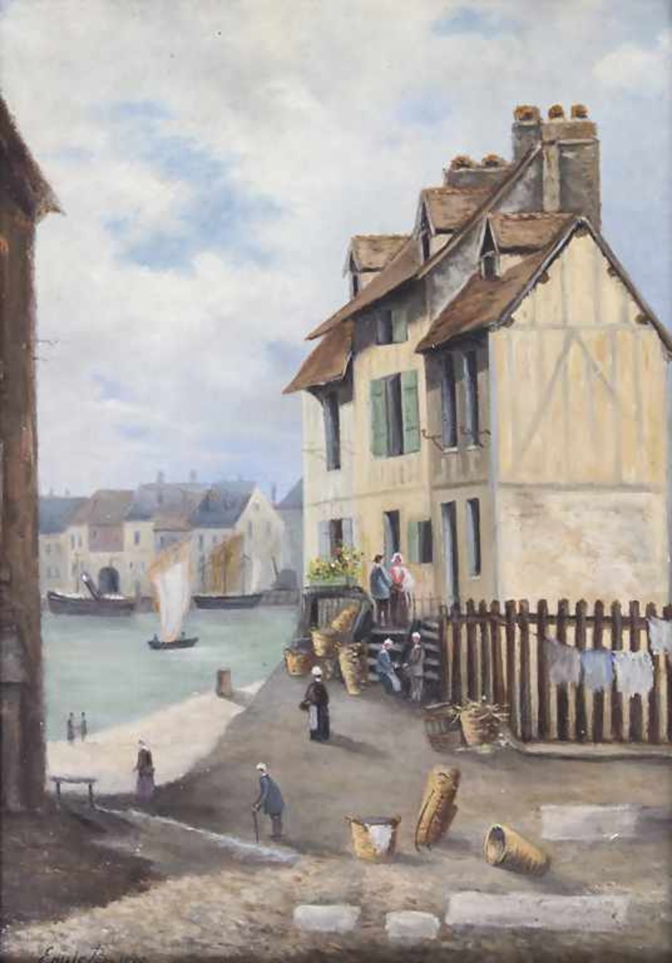 Emile B. (19. Jh.), 'Mole mit Fachwerkhäusern und Figuren' / A pier with figures and houses' - Bild 2 aus 5