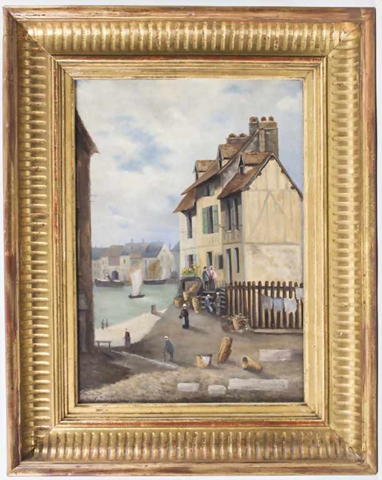 Emile B. (19. Jh.), 'Mole mit Fachwerkhäusern und Figuren' / A pier with figures and houses'