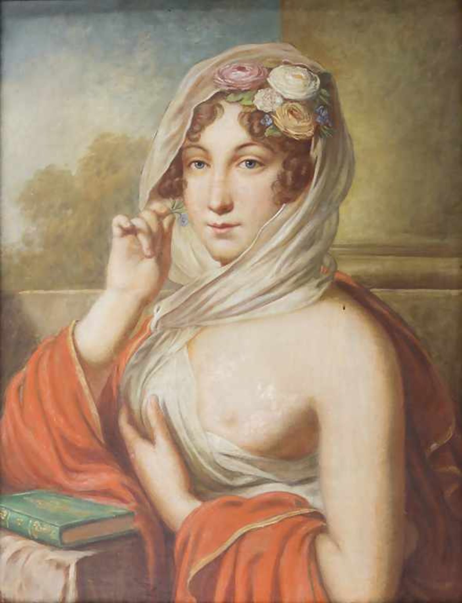 Künstler des 19. Jh., 'Weiblicher Halbakt mit Blumen' / 'A female semi nude with flowers'