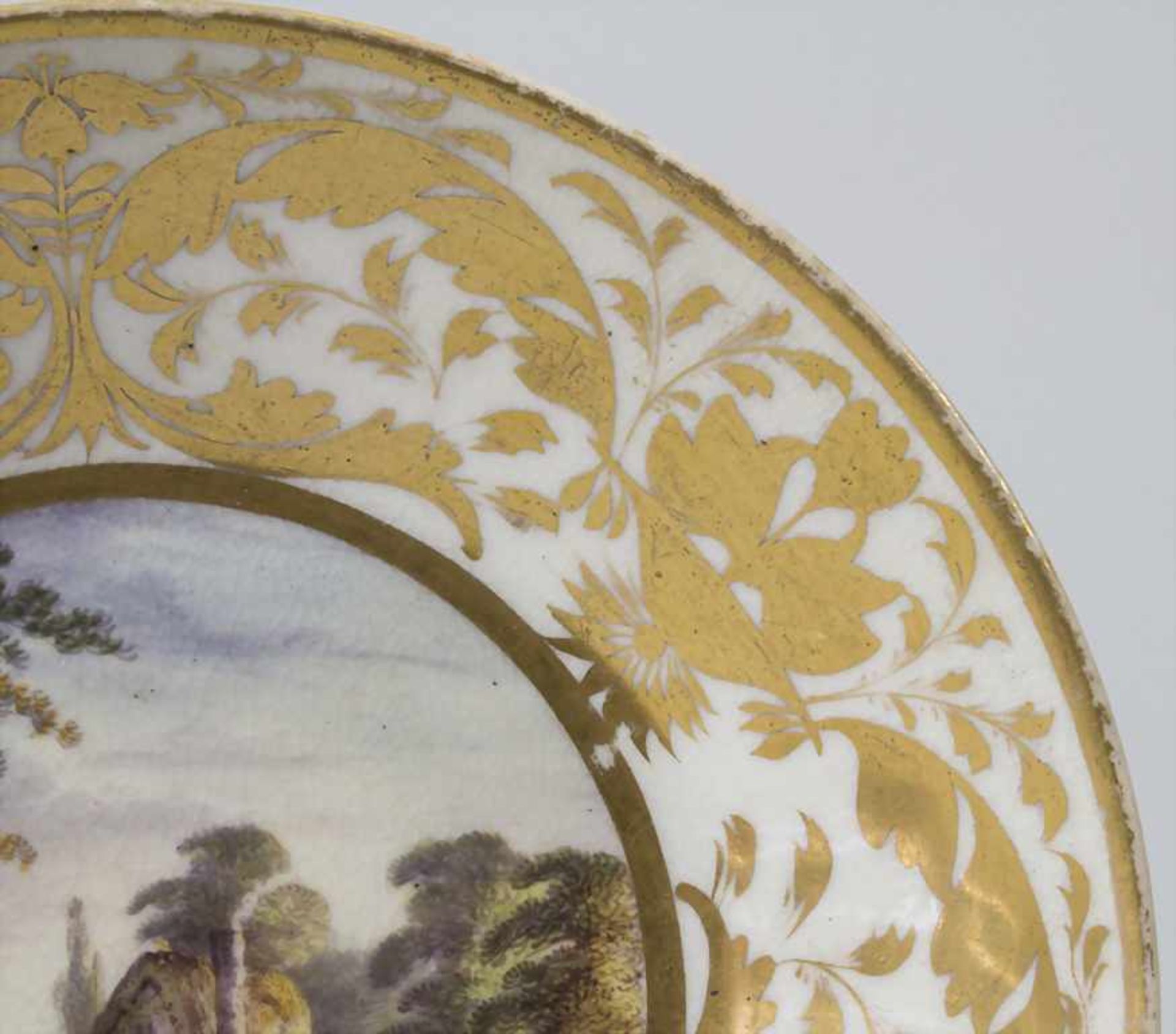 Tasse und Untertasse mit Landschaftsmalerei / A cup and saucer with landscapes, creamware, wohl - Bild 6 aus 12