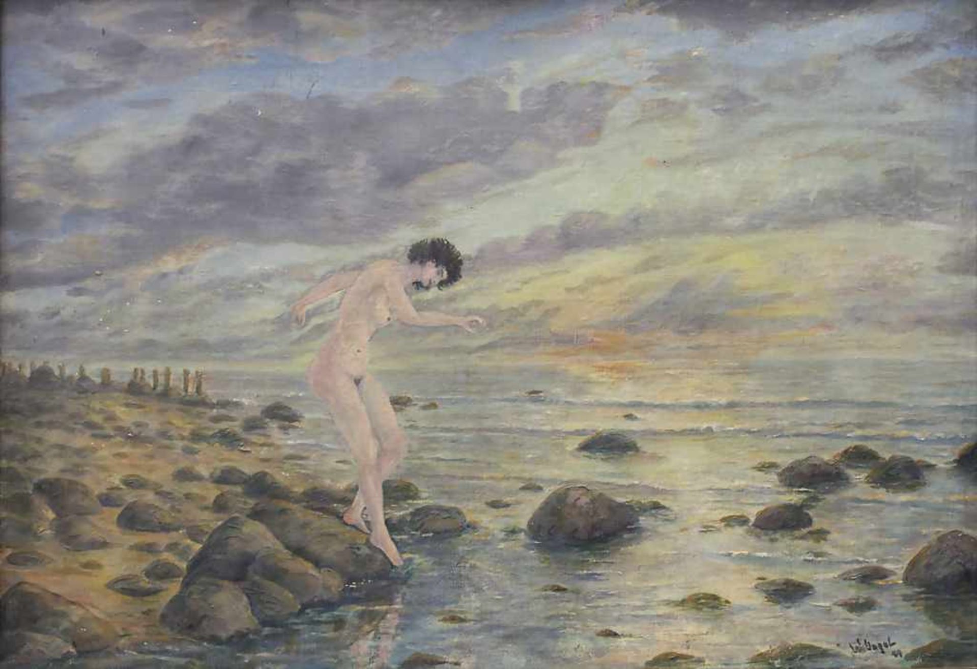 W. Vogel (20. Jh.), 'Weiblicher Akt am Strand' / 'A female nude by the beach'