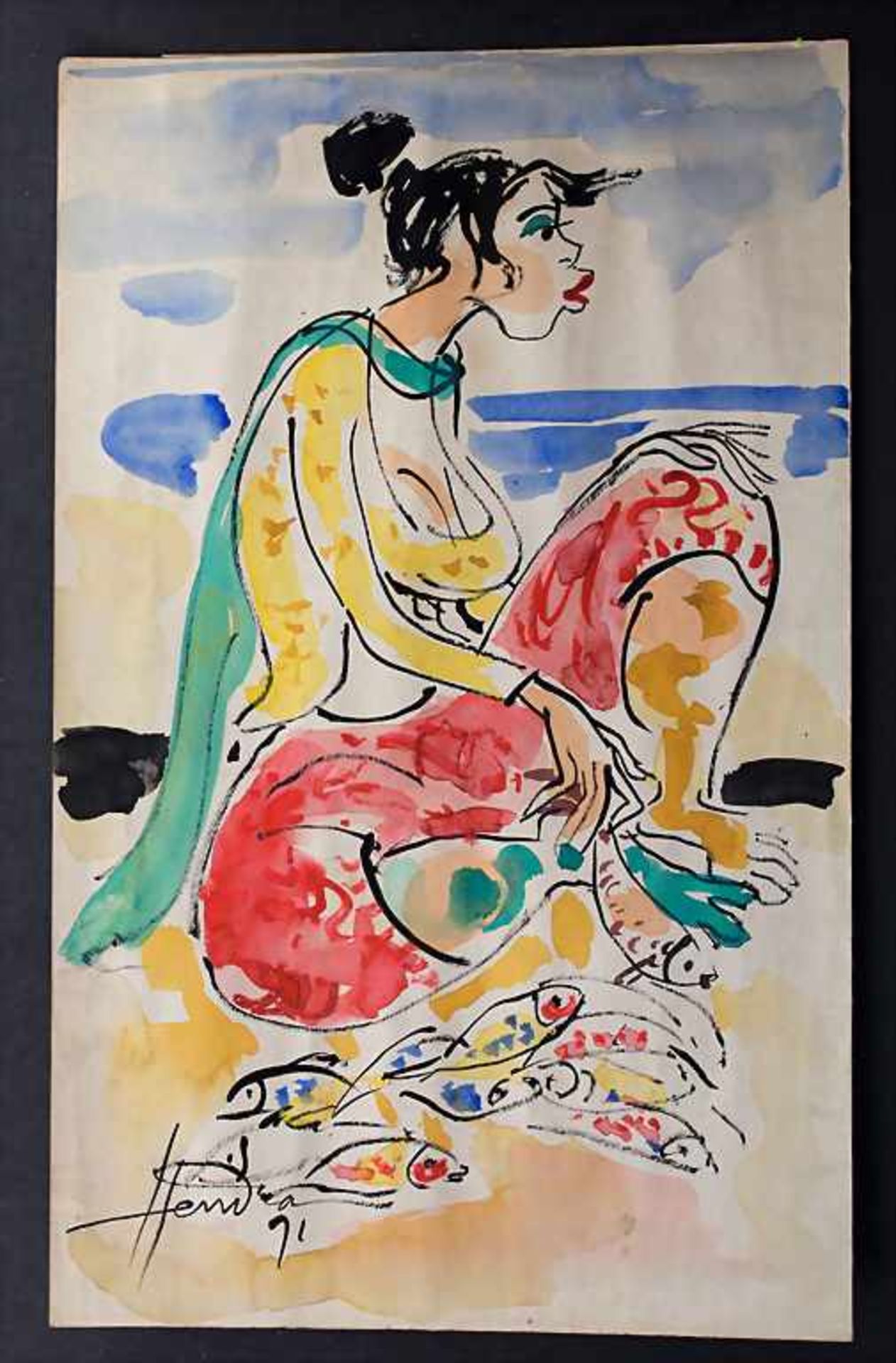 Hendra Gunawan (1918-1983), 'Hockende Balinesische Frau mit Fischen' / 'A Balinese woman with fish' - Image 3 of 5