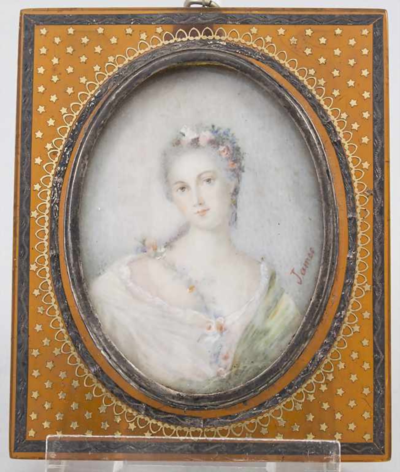 Miniatur Rokoko Porträt einer jungen Dame mit Blütenkranz im Haar / A miniature Rococo portrait of a