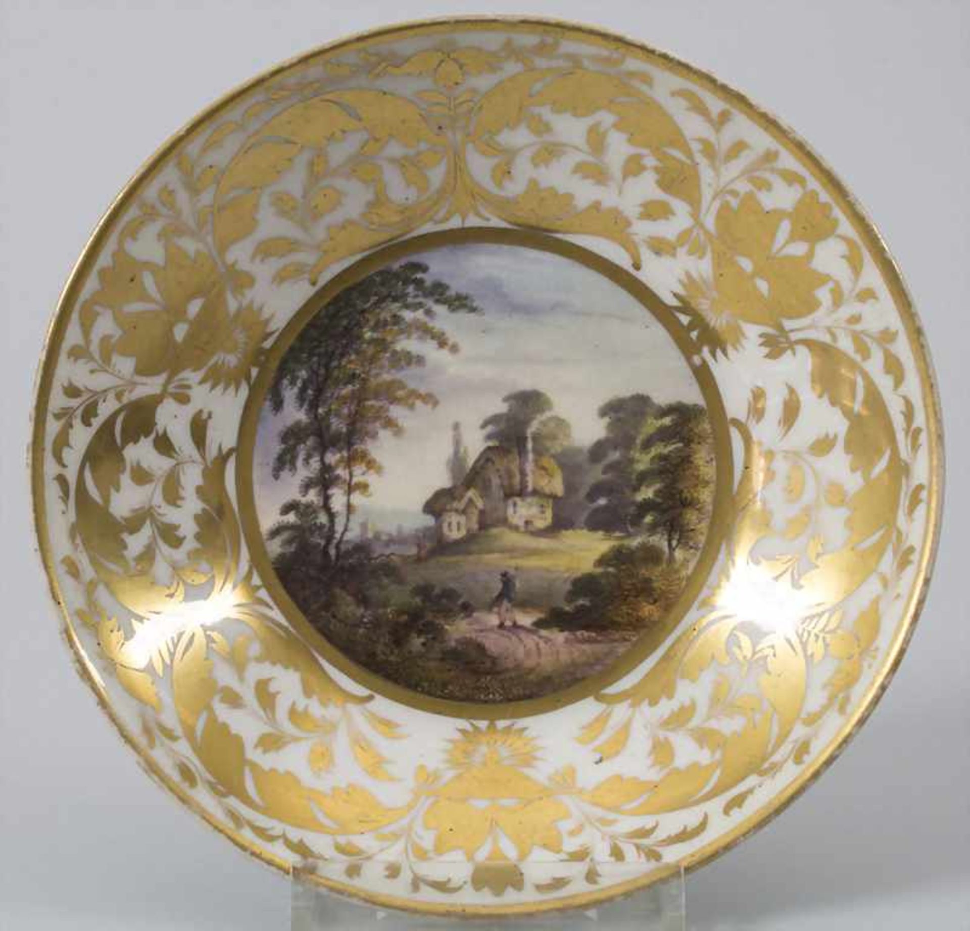 Tasse und Untertasse mit Landschaftsmalerei / A cup and saucer with landscapes, creamware, wohl - Bild 2 aus 12