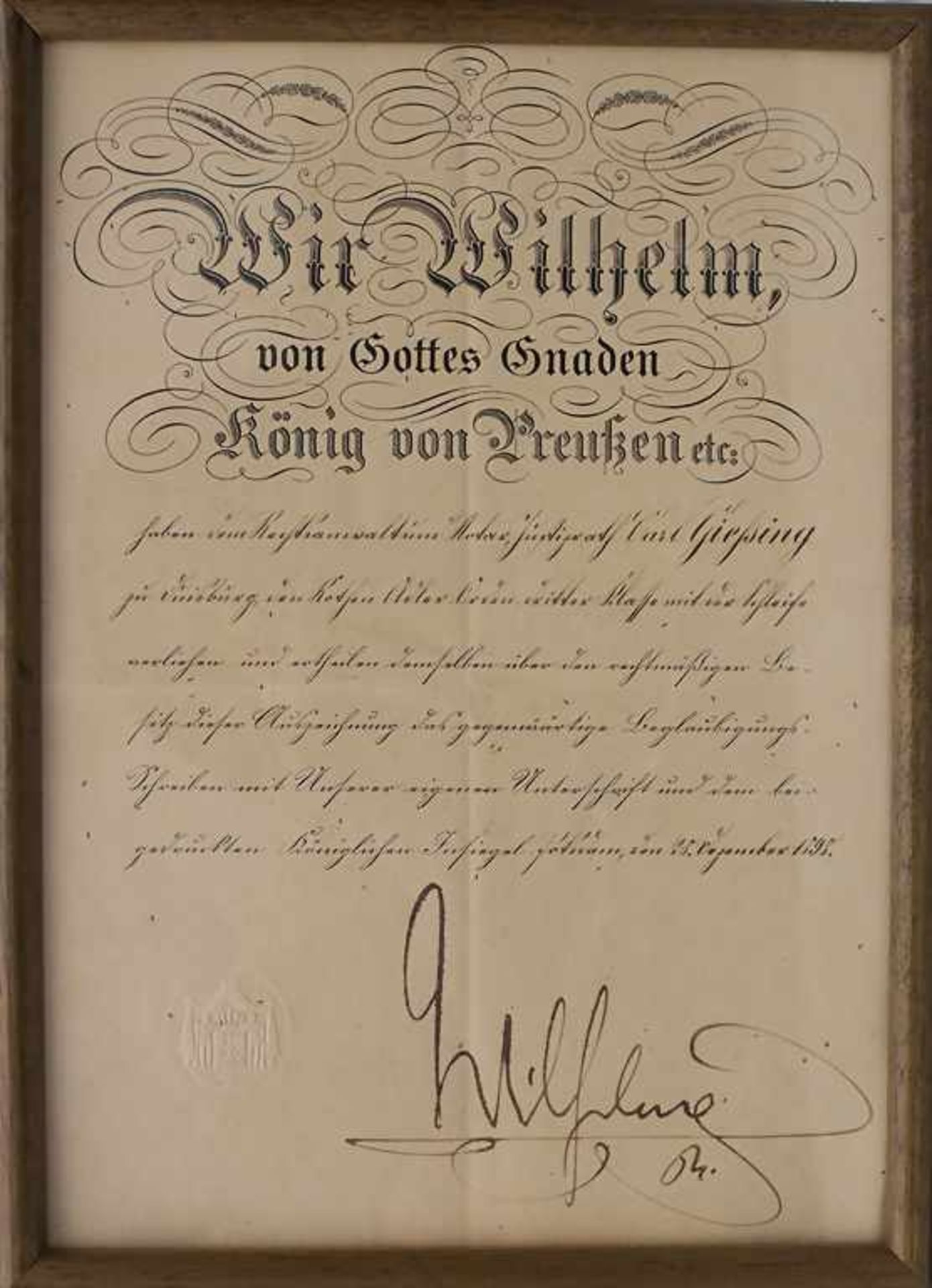 Verleihungsurkunde, König Wilhelm von Preussen