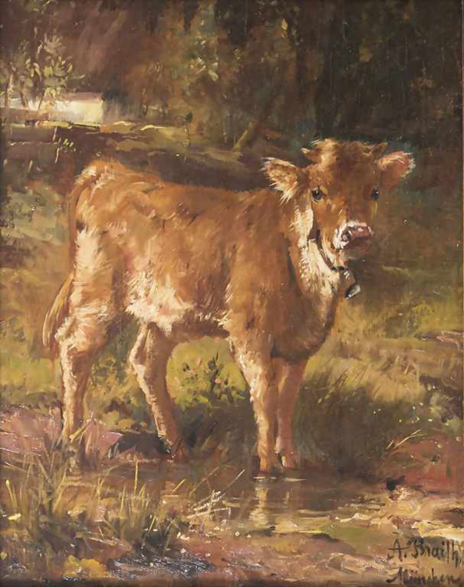 Anton Braith (1836-1905), 'Kalb im Bachlauf' / 'A calf standing in a stream'