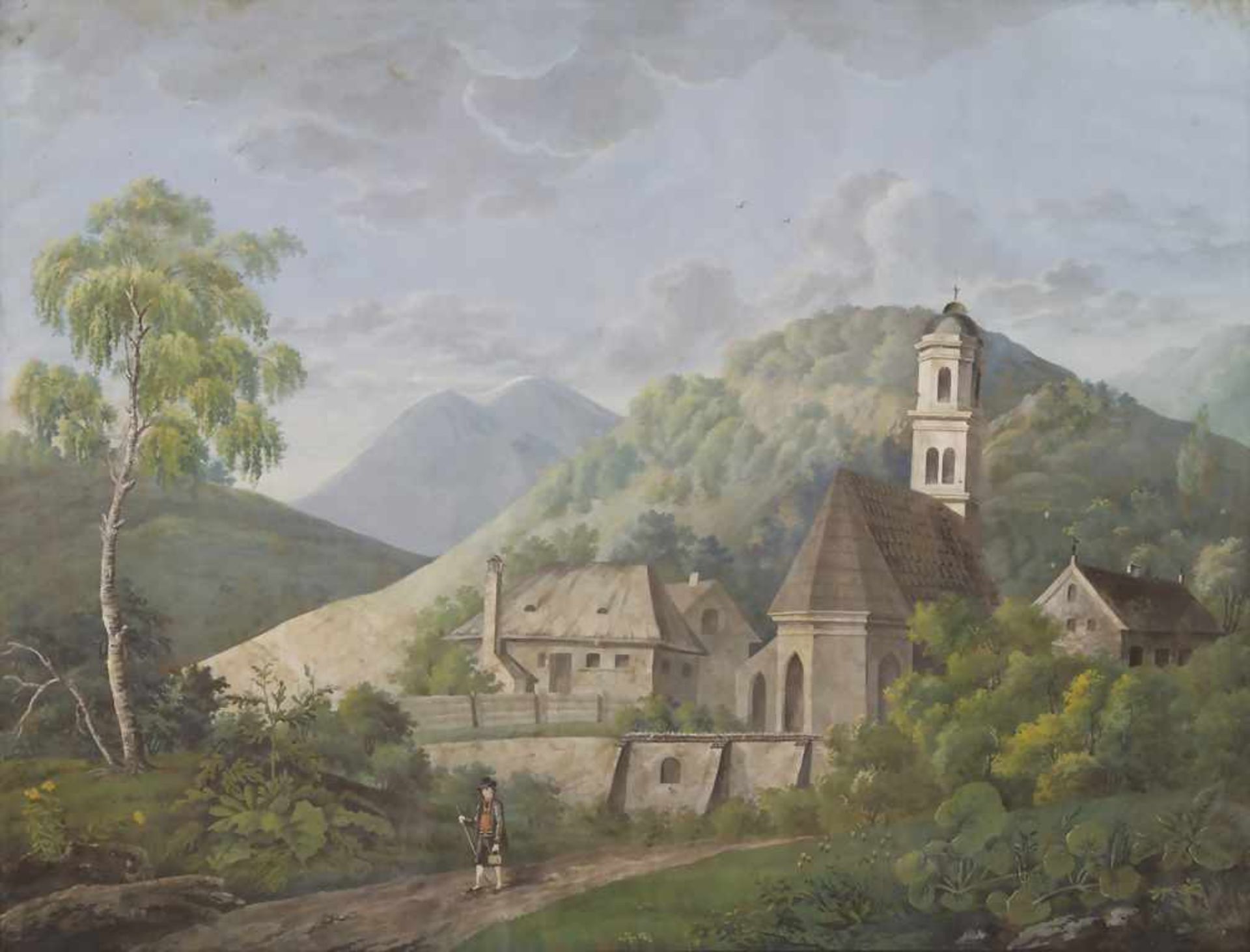 Künster des 19. Jh., 'Landschaft mit Dorf und Figurenstaffage' / 'A landscape with village and
