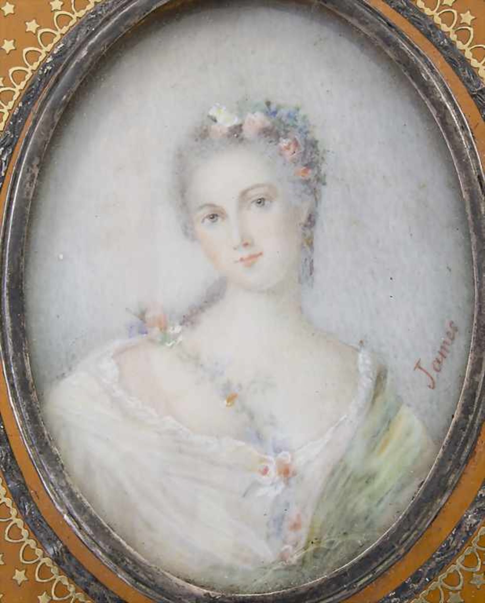 Miniatur Rokoko Porträt einer jungen Dame mit Blütenkranz im Haar / A miniature Rococo portrait of a - Bild 2 aus 4