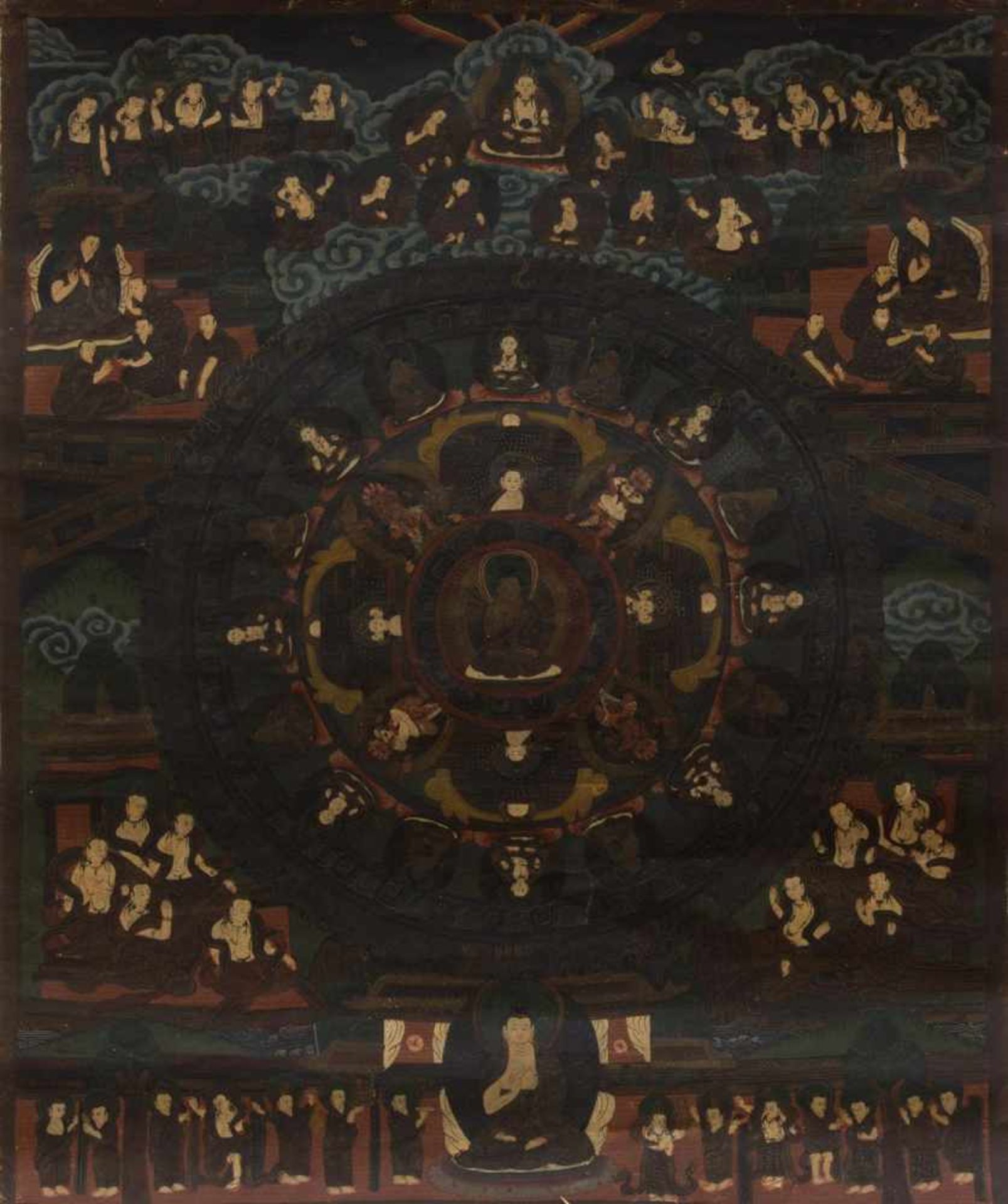 MandalaTibet um 1920er Jahre, feine buddhistische Malerei mit zahlreichen Figuren, gemalt auf Seide,