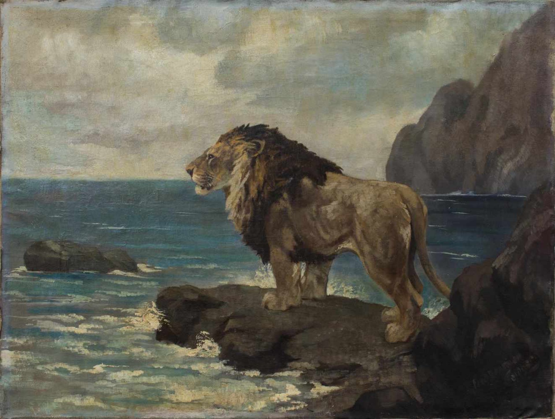 Fred Daaman-Goldberg(Amerikanischer Maler d. 19./20. Jh.)Löwe auf KlippeÖl/ Leinwand, 79 x 126 cm,