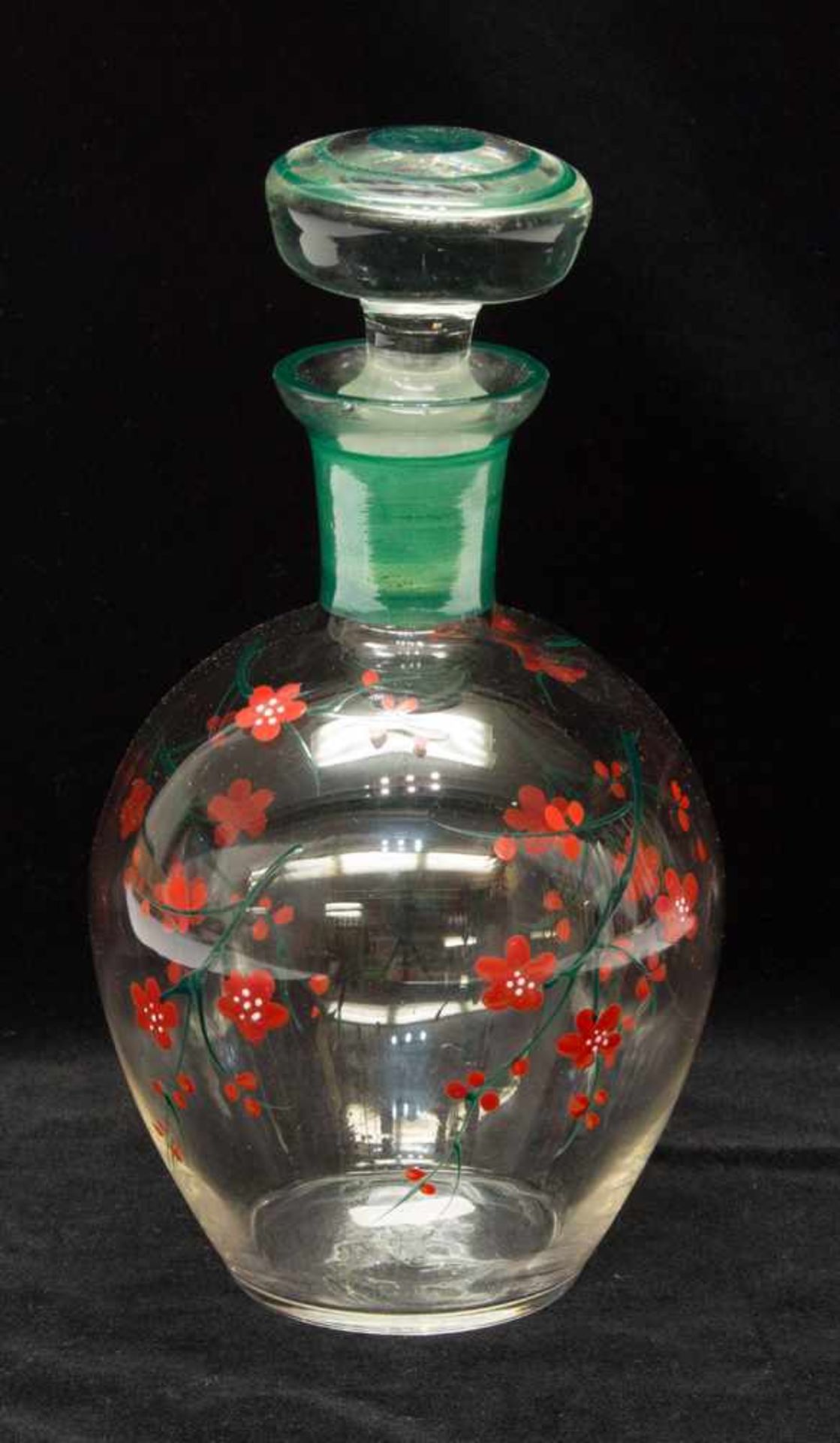 Likörkaraffeum 1920er/ 30er Jahre, Klarglas mit japanischen Kirschblütenzweigen bemalt, Original
