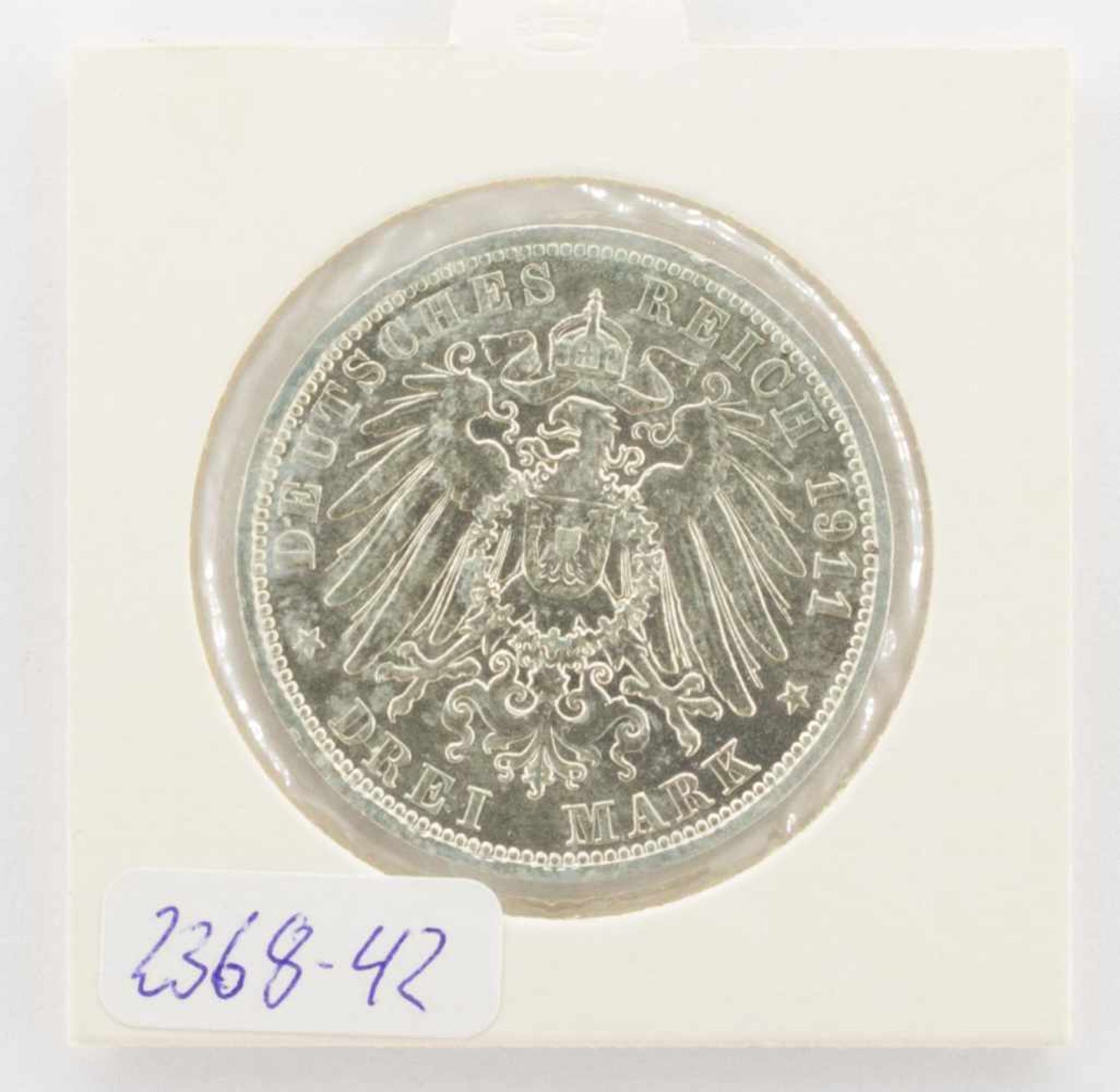 3 MarkPreussen 1911 A, Wilhelm II., Silber, ss+ - Bild 2 aus 2