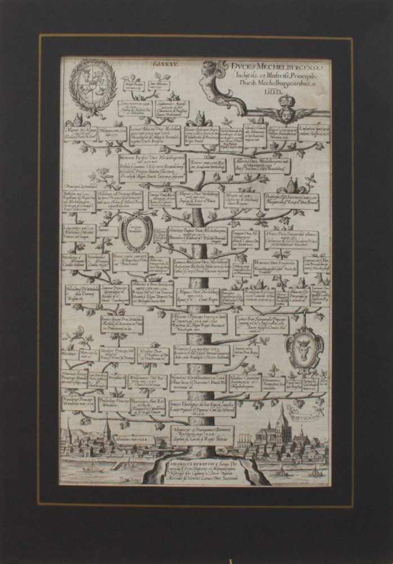 Stammbaum der Mecklenburgischen Fürstenca. 1608Duces Mechelburgenses Orig.- Radierung, 40,5 x 25 cm,