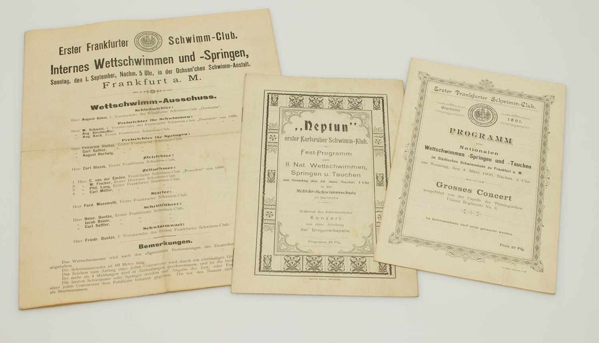 Posten DokumenteWettschwimm/ Schwimmwettkämpfe Einladungen u. Programme v. 1895, um 1900,
