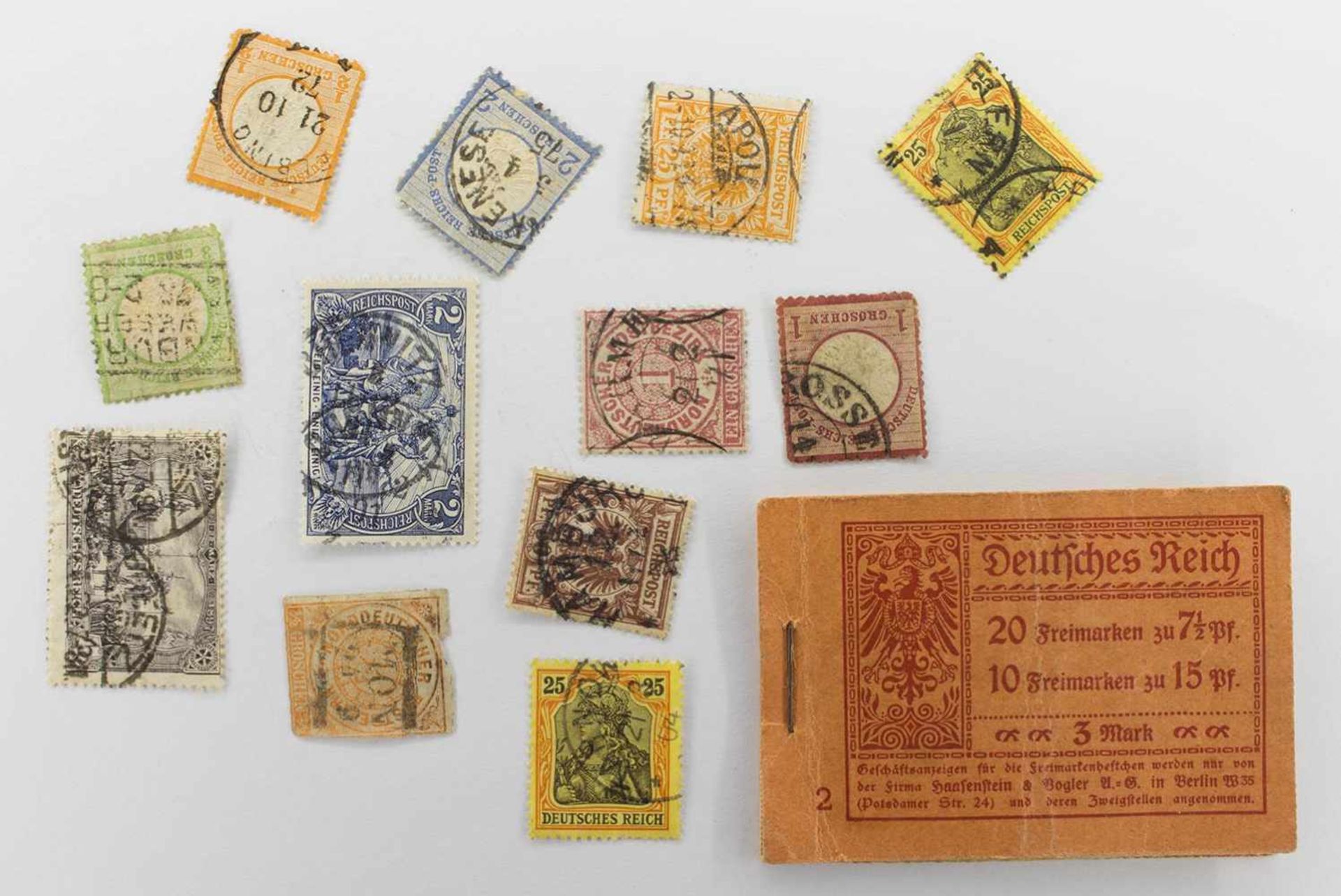 Lot Briefmarken12 x Deutsches Reich, gestempelt u. postfrisch, 1 Markenheft (nicht vollständig)