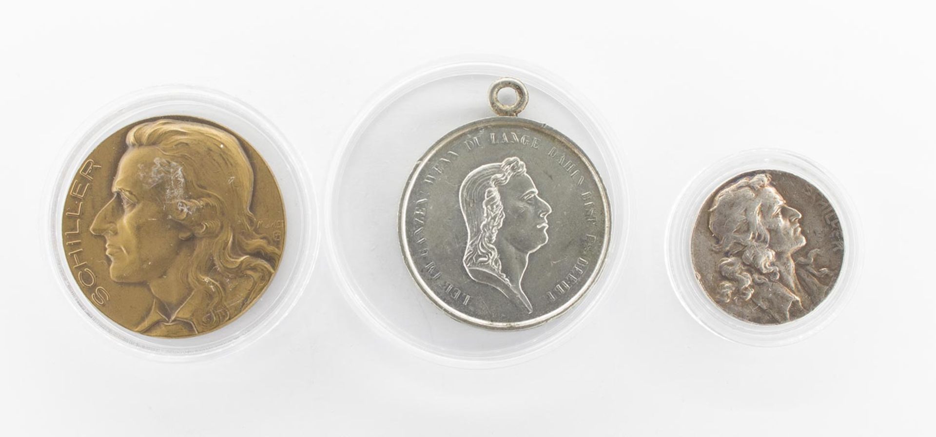 3 MedaillenFriedrich von Schiller, je Silber/ Bronze/ Zinn, ss - vzgl.