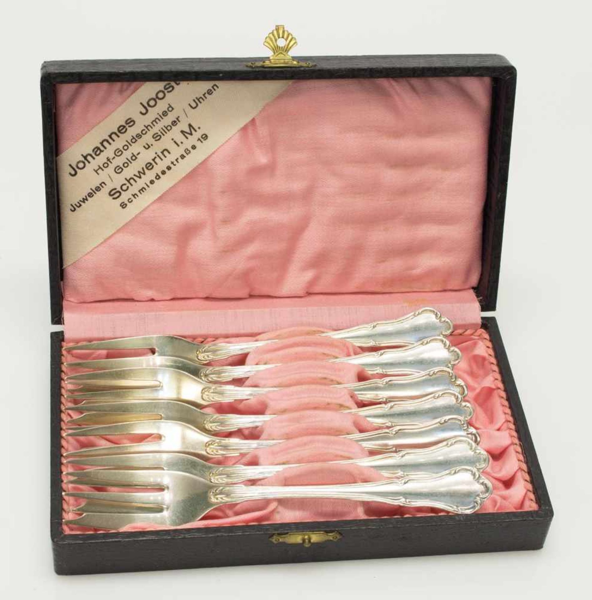 7 KuchengabelnSilberschmiede Koch & Bergfeld um 1900, 800er Silber, 170 g, im Kasten