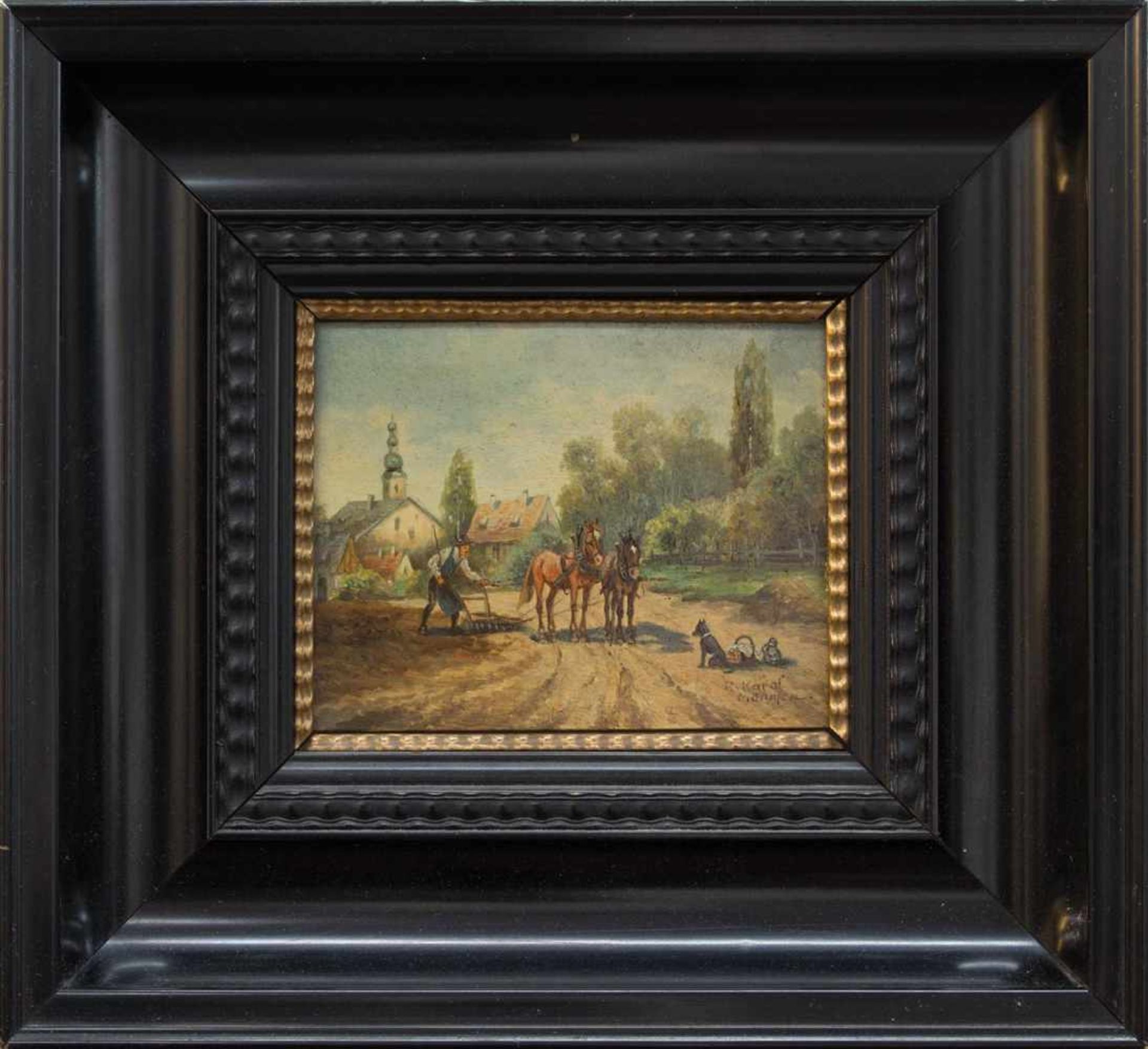 R. Kargl(deutscher Landschaftsmaler d. 1. Hälfte d. 20. Jh.)Pflügender BauerÖl/ Holz, 12 x 15 cm,
