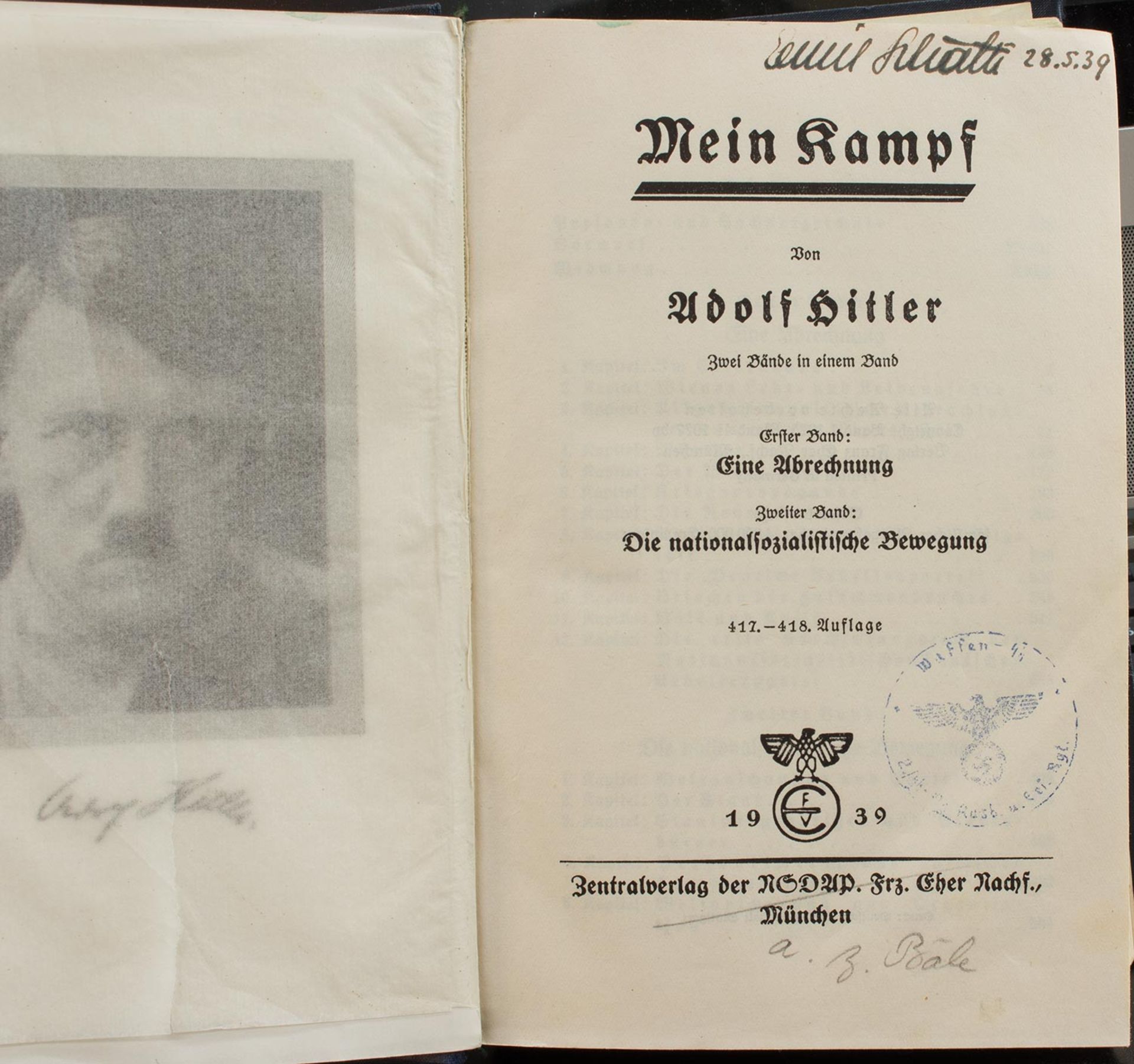 Adolf Hitler„Mein Kampf“, Zentralverlag der NSDAP, München 1939, Zwei Bände in Einem, 781 S., - Bild 2 aus 4