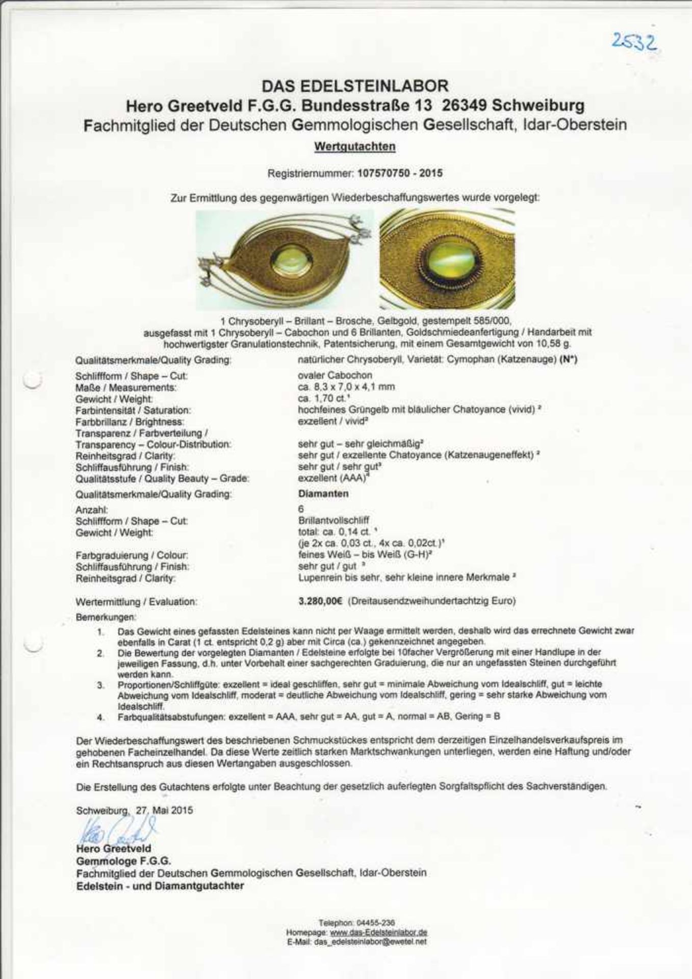 Brosche585er GG, 10,58 g, geschwungene Form, im Zentrum ovaler Chrysoberyll-Cabochon (sog. - Image 2 of 2