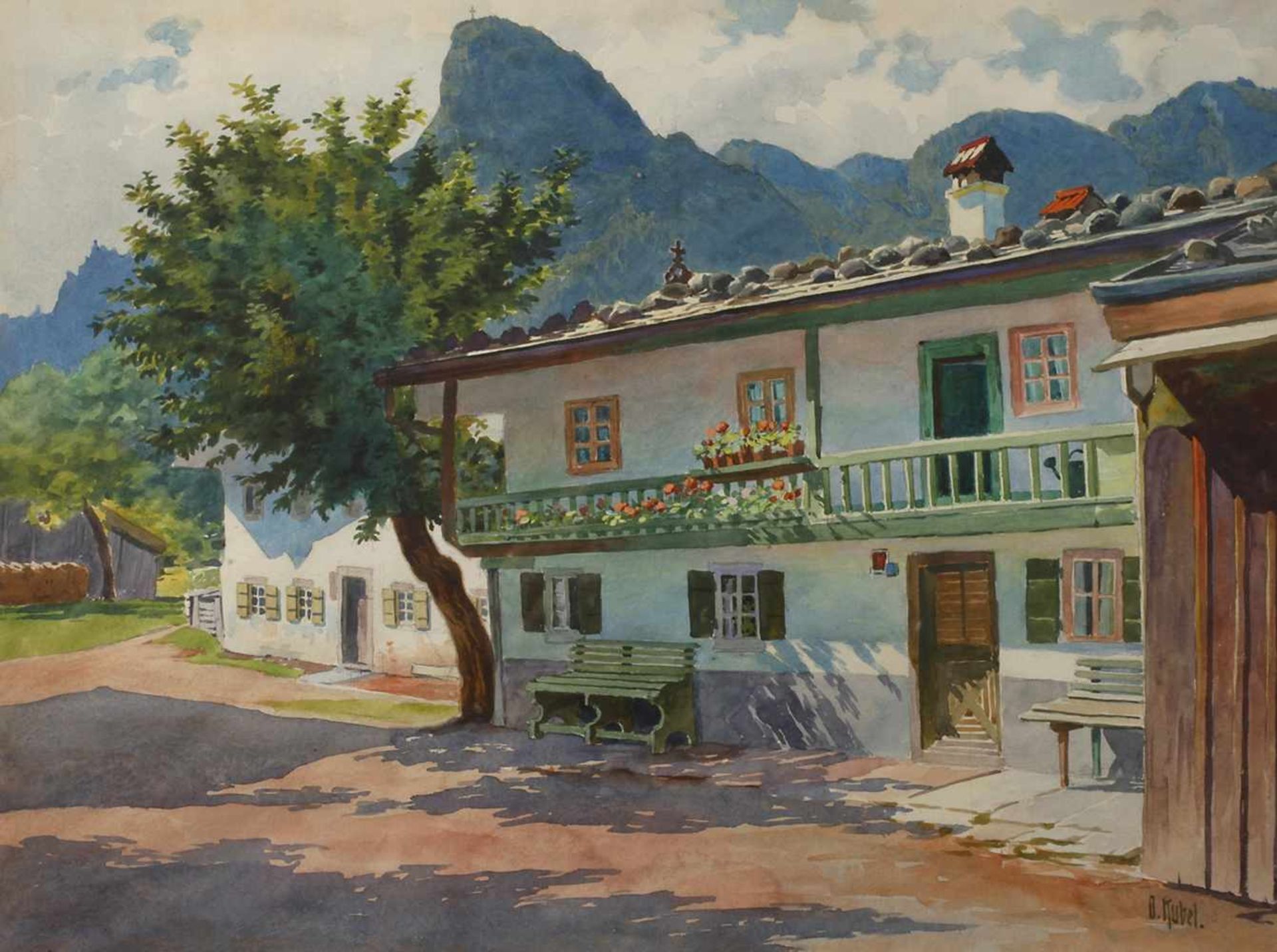 Otto Kubel, "Oberammergau - Straßenbild mit Kofel"sonnenbeschienene Bauernhäuser vor der