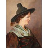 Hans Fiehler, BäuerinBrustportrait einer jungen Frau in Tracht, minimal pastose Portraitmalerei,