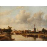 Holländische Stadt mit Windmühleruhig dahin fließender Kanal mit Zugbrücke, vor der Kulisse einer