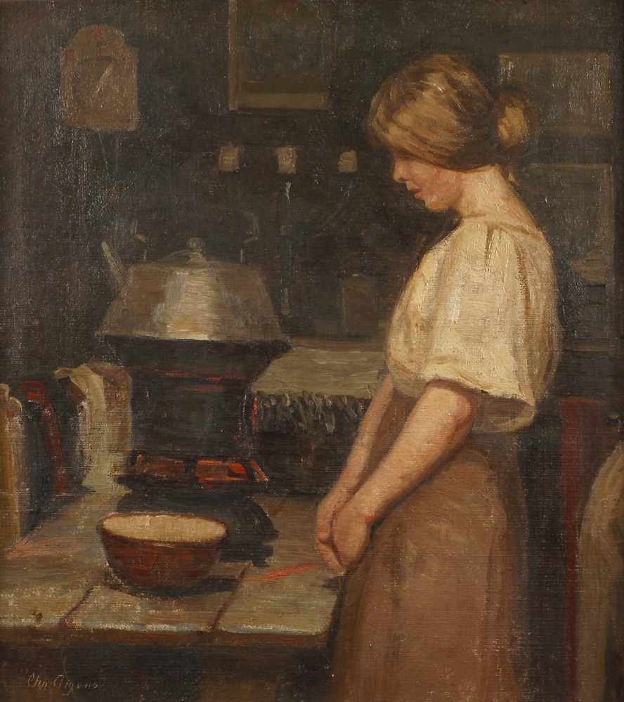 Christian Aigens, Mädchen in der Bauernküchejunge Frau am Tisch im dämmrigen Interieur, sinnend