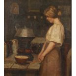 Christian Aigens, Mädchen in der Bauernküchejunge Frau am Tisch im dämmrigen Interieur, sinnend