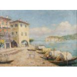 Rudolf Andree, "Isola Pescatori"sommerlich-sonnige mediterrane Landschaft mit Booten am Seeufer,