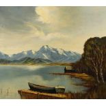 Georg Grauvogl, "Chiemsee"sommerlicher Blick vom Seeufer mit Kahn über den See zur imposanten