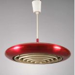 Deckenlampe Design1970er Jahre, ungemarkt, rot gefasstes Metallgehäuse, flacher kreisrunder