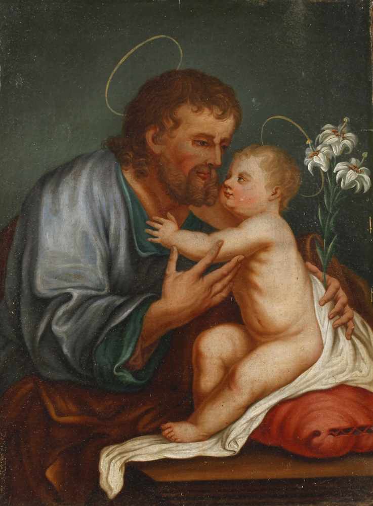 Jesus von Nazaret mit seinem Vater Josephinnige Darstellung des nackten Jesuskindes, auf einem roten