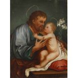 Jesus von Nazaret mit seinem Vater Josephinnige Darstellung des nackten Jesuskindes, auf einem roten