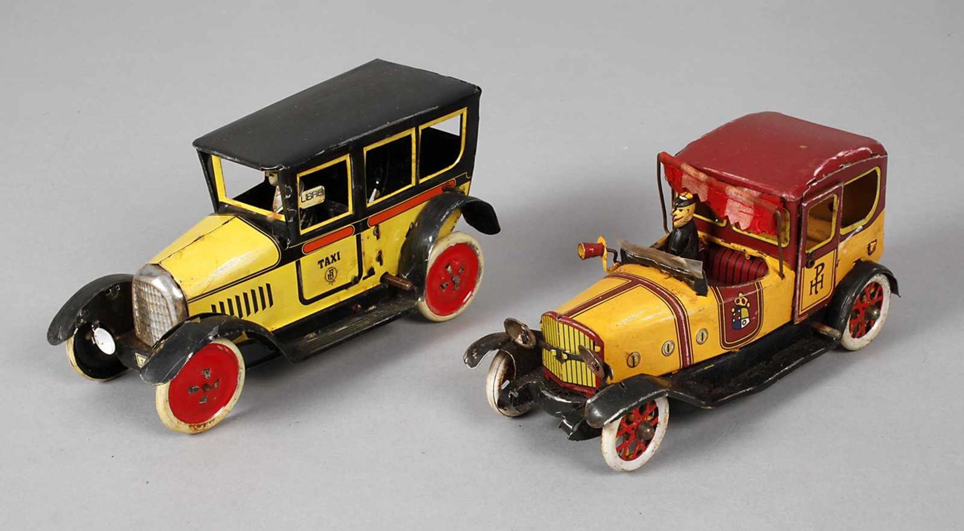 Paya zwei Oldtimer-ModelleSpanien, 1930er Jahre, gemarkt mit Firmenlogo, Blech farbig lithografiert,
