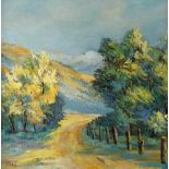 Arno Dahms, "Landweg" sonnenbeschienener Weg in bergiger Landschaft, pastose Landschaftsmalerei in