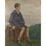 C. Hahn, Sitzender Jungeauf einem Baumstumpf sitzender Junge in Matrosenkostüm und im Hintergrund