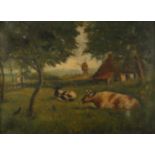Frans Boeye, Bukolische Landschaftunter Bäumen ruhende Kühe am Bauernhaus, mit Fernblick zu einer
