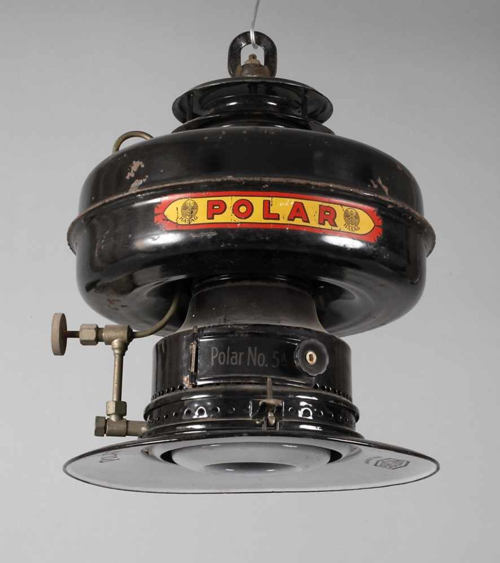 Lampe Hasag Polarum 1910, gemarkt Hasag Polar, Made in Germany, geschwärztes Metallgehäuse, ohne