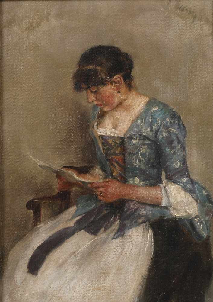 Brief lesende Frauin das Lesen eines Briefes vertiefte junge Frau in aufwendiger Robe, minimal