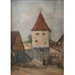 Ernst Haymann, "Greding"Blick auf die Stadtmauer mit Wehrturm und arbeitenden Frauen im Vordergrund,