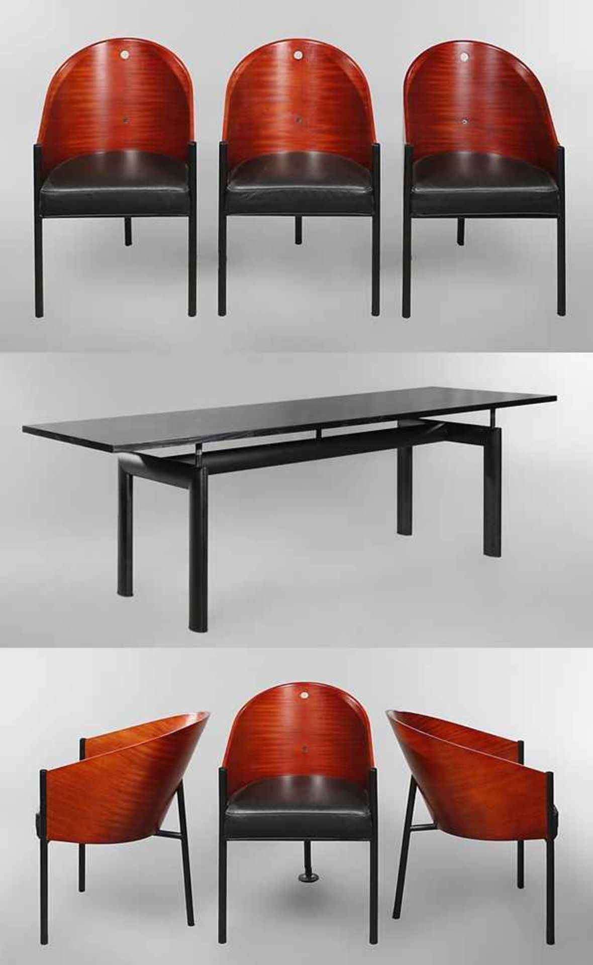 Esstisch und sechs Stühle Philippe Starck Modell Costes, Entwurf 1985 für Driade, die Stühle aus