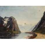 Therese Fuchs, Fjordlandschaftum 1890, Öl auf Holzplatte, links unten signiert, Blick in einen Fjord