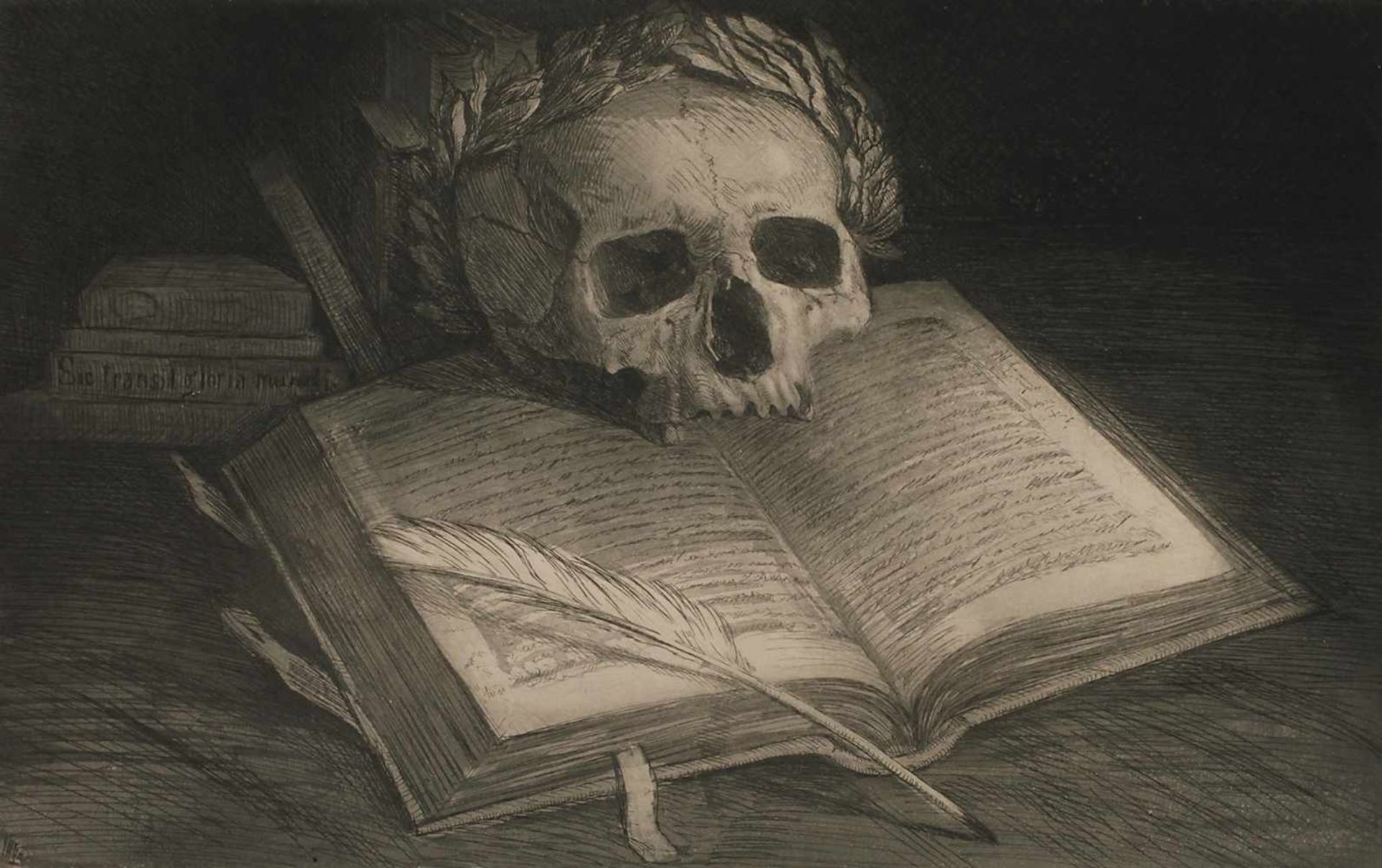 Carl Müller-Baumgarten, Memento moriSchädel mit Lorbeerkranz auf aufgeschlagenem Buch vor dunklem