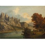 Schmidt, "Basteifelsen bei Rathen"Blick über die Elbe auf die imposante Felsformation in der