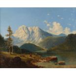 Gottfried Seelos, AlpenlandschaftReisigsammlerin am sommerlichen Seeufer vor imposanter