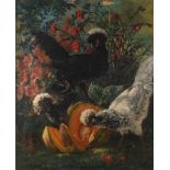 Charles Nogaro, Haubenhühner mit Kürbis und Nelkensommerlicher Winkel im Garten, mit drei prächtigen